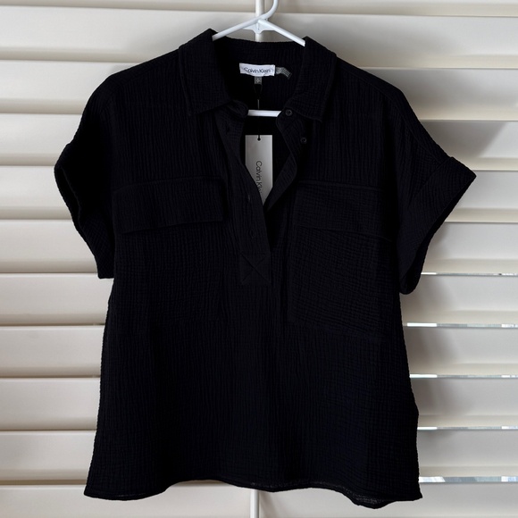 Calvin Klein Short Sleeve Cotton Shirt in Black (Size Small) - Picture 2 of 6